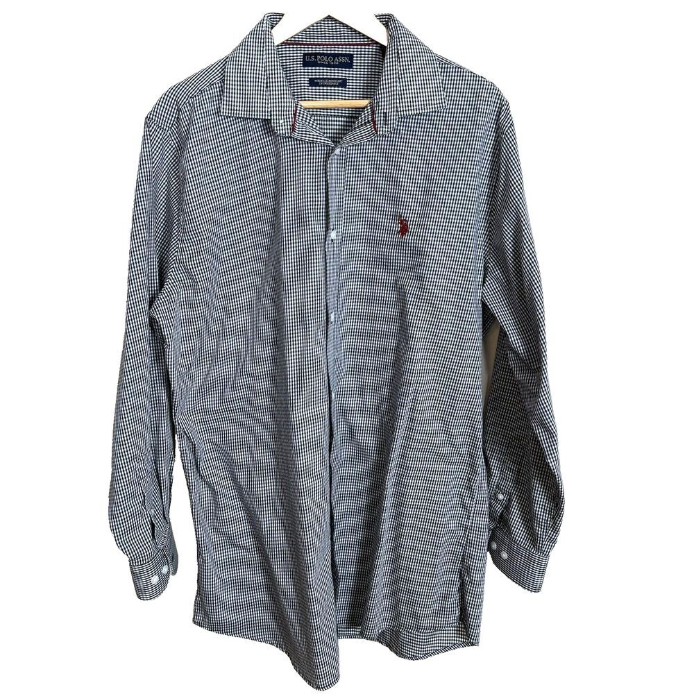 U.S. Polo Assn. Dress Shirt Mens 17.5 Black Checkered Wrinkle Free Long Sleeve